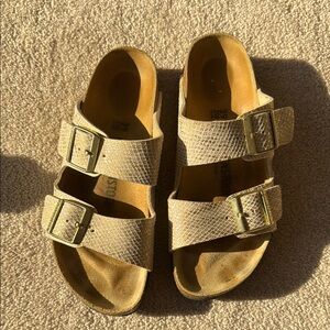 Birkenstock Gold Sandals with Adjustable Straps and Cork Footbed